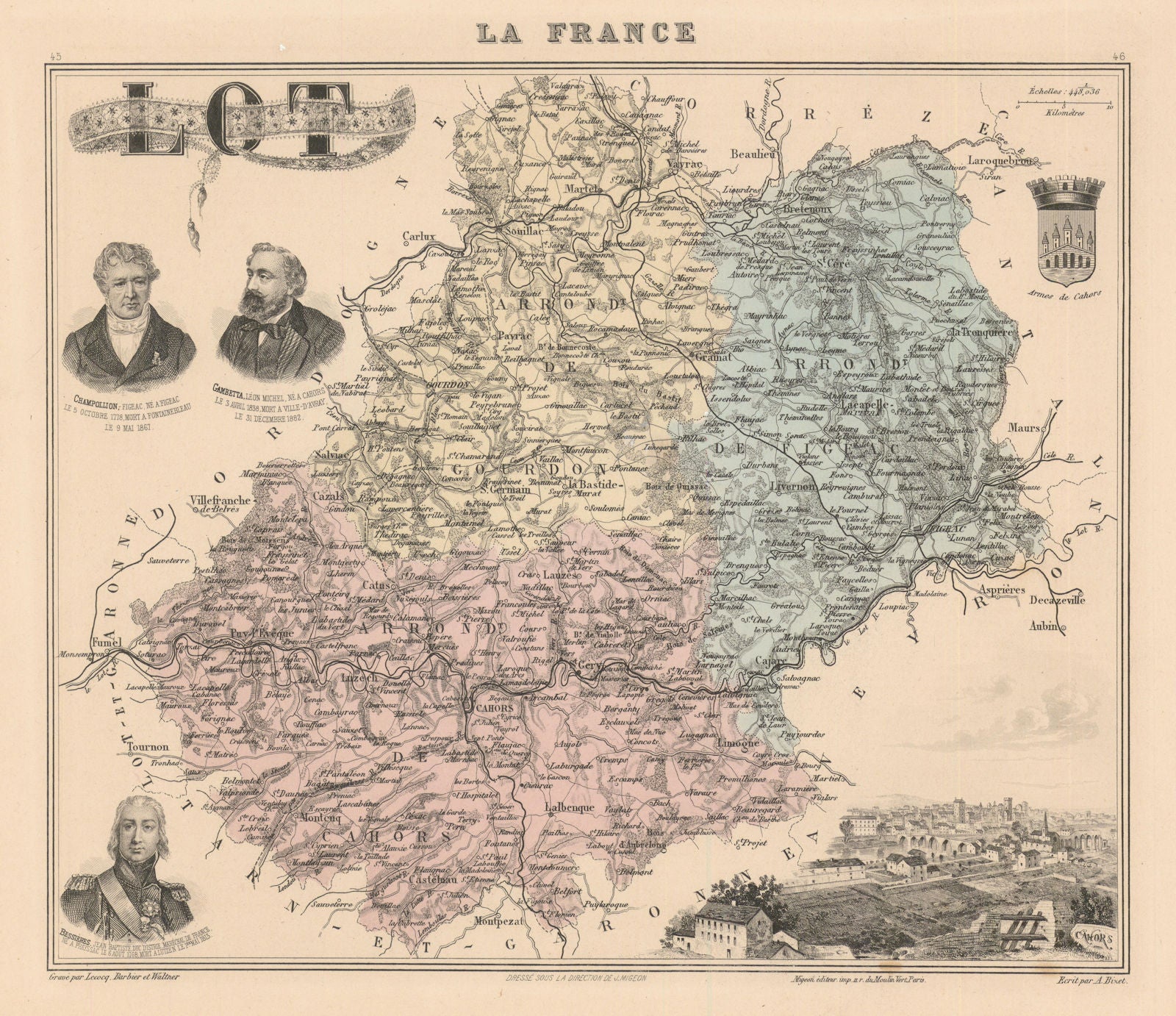 Lot département. Cahors vignette. Vuillemin 1890 old antique map plan chart